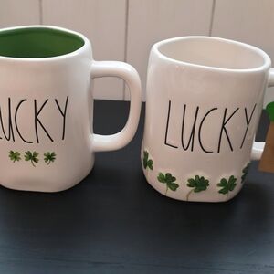 Rae Dunn “LUCKY” St. Patrick’s Day Mug Set (2) – Shamrock Design, Like New.